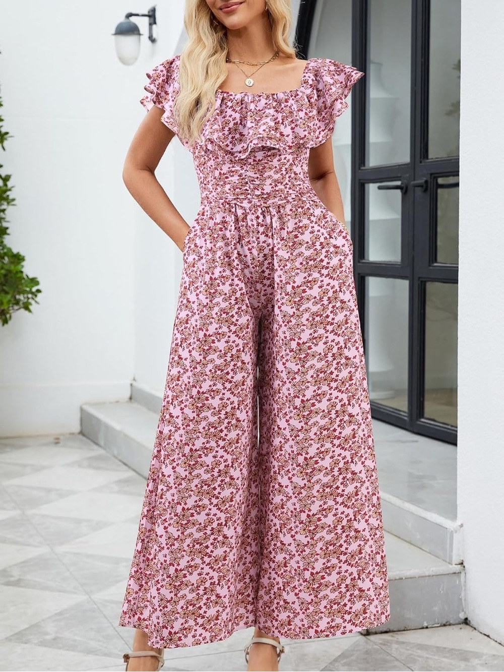 NWOT XL Pink Floral Wide-Leg Jumpsuit with Ruffle Neckline
